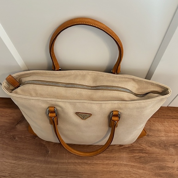 Authentic PRADA Vintage Canvas Leather Nappa Shoulder Tote Bag Beige Leather - Picture 8 of 10